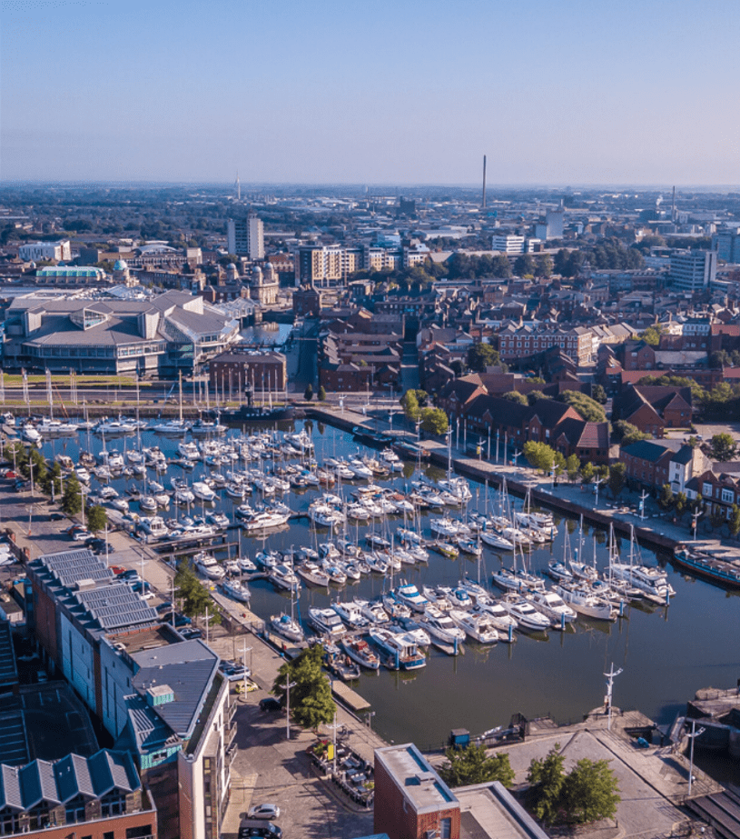 Modern living room interior with a dark armchair, large window with curtains, a wooden pendant lamp, and a green indoor plant